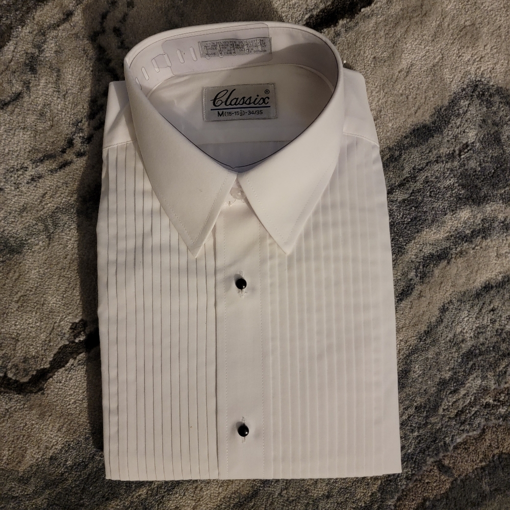 New CLASSIX - Men White Tuxedo Long Shirt with Black Buttons Size M 34-35